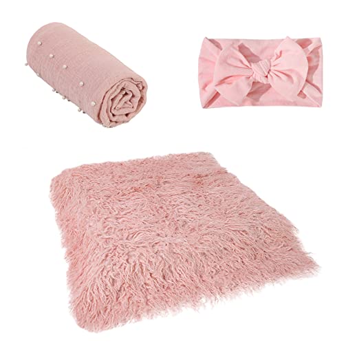 Image of 3PCS Newborn Baby Photography Props Soft Faux Fur Mat Basket Stuffer Rug Handmade Pearl Long Ripple Wrap Blanket with Headband Newborn Photo Shoot Props