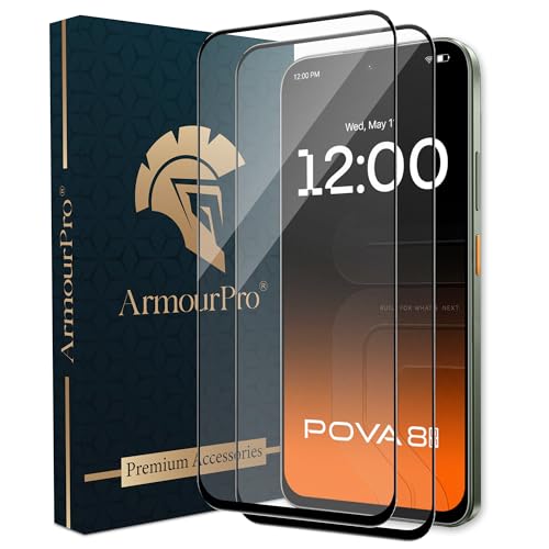 Image of ArmourPro Tempered Glass for Tecno Pova 8-9H Anti Scratch Screen Protector, Edge to Edge Coverage, HD Clarity, Smooth Touch, Case Friendly | Black, Pack of 2