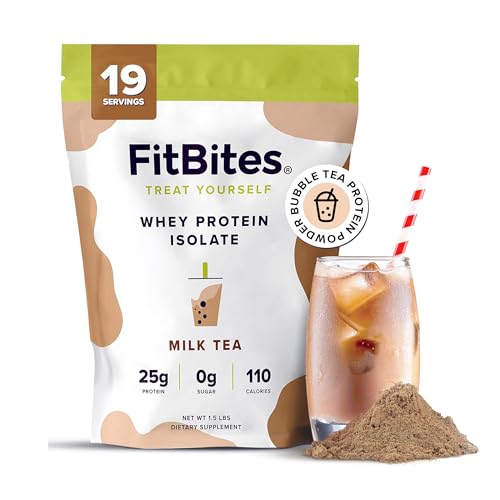 FitBites 100% Whey Isolate Protein Powder (Milk Tea), 5.9g BCAAs, Gluten Free, Zero Sugar