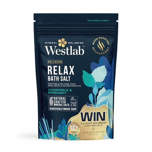 Westlab Magnesium Relax Bath Salts 1kg - Ease Stress & Tension from Mind and Body. Scientifically-Proven to Restore Inner Peace. Mood-Boosting Neuroscent. 100% Natural, Chamomile & Bergamot.