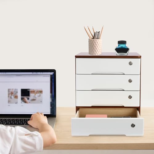 LOHISHILO 4-Tiers Wooden Desktop Storage Box with Lockable Drawers, Office Supplies File Organizer, Flat File Cabinet Store Stamps, Sticky Notes, Paper Clips, Scissors, for Office, Walnut &White Color