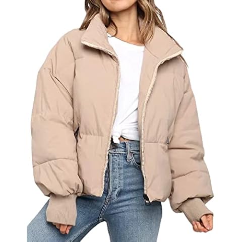 Women's Winter Casual Padded Full Zip Stand Collar Long Sleeve Puffer Jackets Quilted Jacket Outerwear, Khaki, X-Small Cover