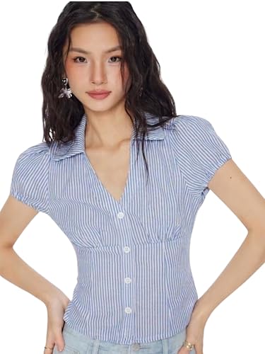 Image of Women V-Neck Puff Sleeve Crop Top with Back Tie-Up Detail