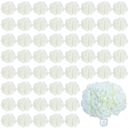 AVIVIHO 60pcs Hydrangea Artificial Flowers Bulk Ivory Full Fake Hydrangea Silk Flowers with Stems Ivory White Fake Flowers Heads for Wedding Party Home Centerpieces Arch Festival Decoration