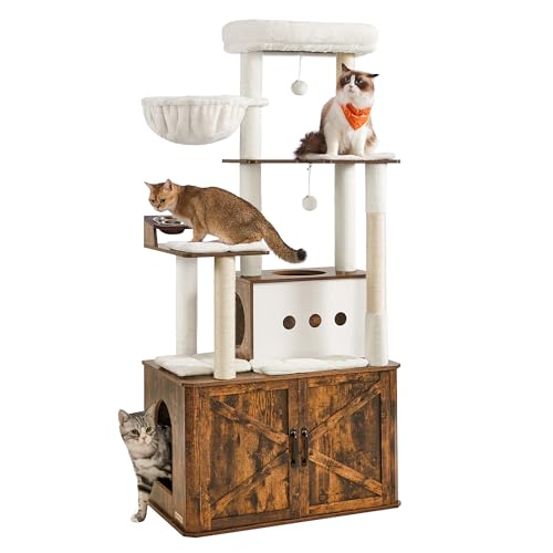 Feandrea Cat Tree, 66.9-Inch Cat Tower with Litter Box Enclosure, Large Condo with Food Station, Storage, Scratching Posts, Cave, Hammock, Washable Cushions, Rustic Brown UPCT169K01