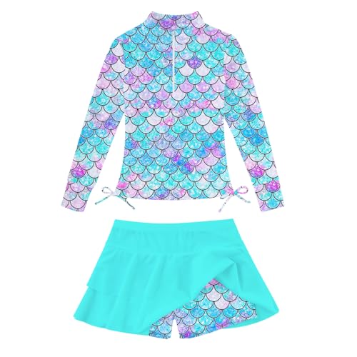 Image of Vogseek 3-12T Girls Rash Guard 2 Pieces Bathing Suit Long Sleeve Swimsuit Swimming Skirt with Shorts Swimwear