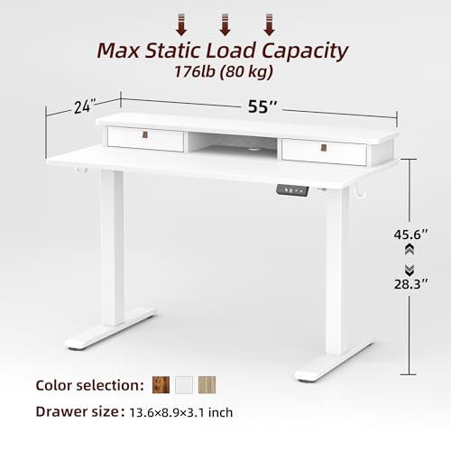 Image of TIQLAB Standing Desk with Two Drawers, Stand Up Standing Desk Adjustable Height, Electric Sit Stand Table with Storage Shelf and Splice Board, 55 * 24 inch, White