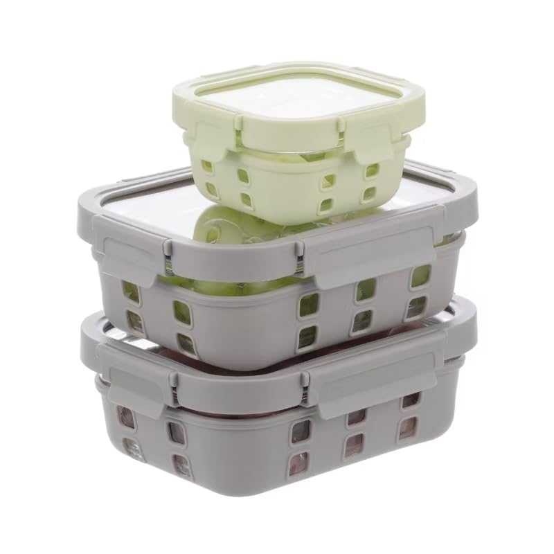 QuaLife Juego de fiambreras coloridas con tapas de vidrio templado, juego de recipientes de cristal (2 x 1050, 1 x 320 ml), a prueba de fugas, apilable, apto para microondas y lavavajillas, sin BPA