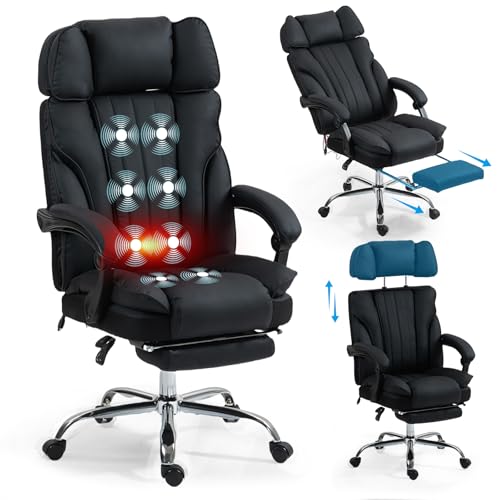 Massage Office Chair with Heat and 8 Vibration Points Big and Tall Executive Office Chair with Adjustable Headrest, Extra Wide Seat, Footrest, Padded Armrests, Reclining High Backrest (Black)