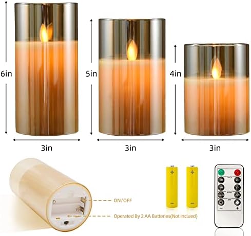 cimetech LED Flameless Candles, 3pcs Golden Glass Lights Real Wax Flicker Realistic Bright Pillar Candles with 10-Key Remote Control, 24-Hour Timer Function for Home Outdoor (Gold)