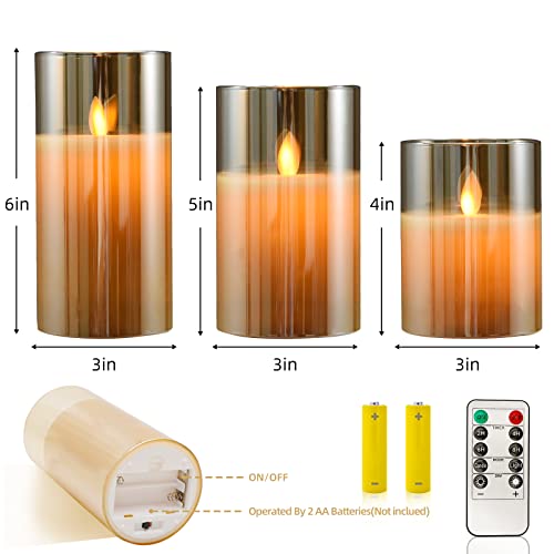 Image of JOSU Flameless Candles 4 inch 5 inch 6 inch Set of 3 Outdoor Indoor Fake Pillars Gold Glass LED Battery Operated Candles Include 10-Key Remote Timer for Wedding Party Halloween Christmas Thanksgiving Fall Diwali