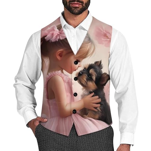 Best Friend Girl And Yorkie Men's Suit Vests Dress Vest V-Neck Waistcoat Slim Business Formal with Pocket