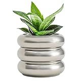 SANDYBAYTAS Ceramic Plant Pot Indoor, 6.5 Inch Flower Pot with Drainage Hole, Tiered Bubble Design Ceramic Planter for Home & Office Decor (Silver)