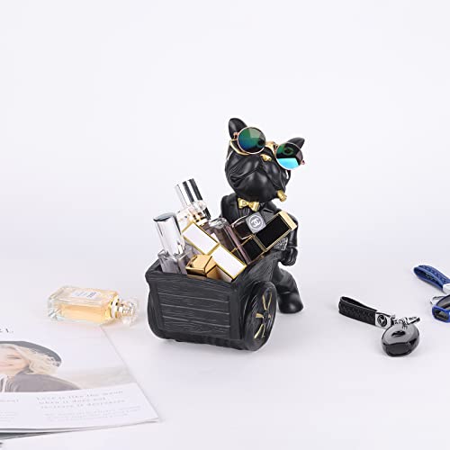 Xiyouqi Cute French Bulldog Statue Black Resin Bulldog Key Candy Bowls Jewelry Ornament Interesting Cart Bullfighting Dog Figurine Suitable For Home Decor Office Small Object Storage #TOP6