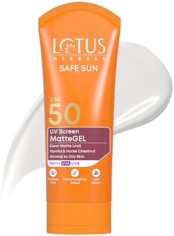 Lotus Herbals Safe Sun UV Screen Matte Gel Sunscreen SPF 50 PA+++ | In Vivo Tested | Broad Spectrum UV Protection | Matte Finish | No White Cast | Normal to Oily Skin | For Women and Men | Paraben & Cruelty Free | 50g