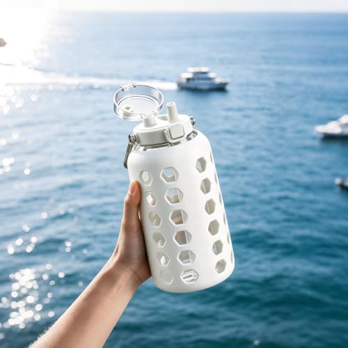 Image of MUKOKO 84 oz Glass Water Bottle, Stainless Steel Handle, White