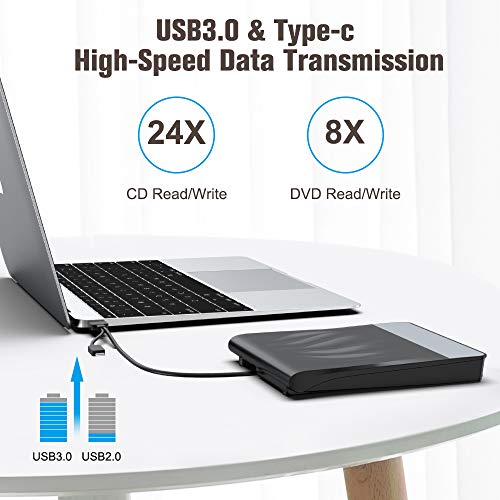 External CD DVD Drive, VersionTECH. USB 3.0 Type-C Superdrive Portable Burner Player Writer CD DVD +/RW, Compatible with Windows 10 8 7 XP Vista Mac OS System for Mac Pro Air iMac - Thumbnail 2
