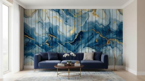 Image of Blue Gold Louvers Self-Adhesive Kitchen Wallpaper Roll, PVC 3D Wall Sticker Oil Proof, Waterproof & Washable Wallpaper for Home Decor, Living Room, Bedroom, Hotel & Cafe Walls (45x300cm)