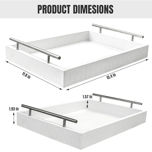 VOVOGERATTO White Faux Leather Serving Tray, 16" x 12" Rectangular Decorative Tray with Silver Metal Handles, Multi-Purpose Organizer Tray for Coffee Table, Ottoman, Home Decor, Party & Daily Use by VovoGeratto - Used condition - Image 3