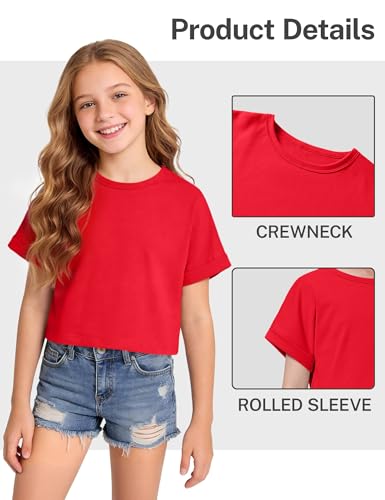 Image of Girls Crop Tops Short Sleeve T-Shirts for Girl Crew-Neck Basic Tee Size 7-14 Years