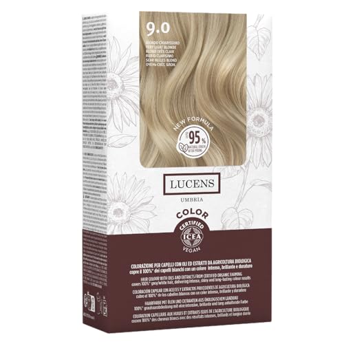 Lucens Umbria - 9.0 Biondo Chiarissimo, Tinta per Capelli Senza Ammoniaca, Kit Colorazione Permanente Vegan con Estratti Naturali, Azione Lenitiva, Idratante e Protettiva