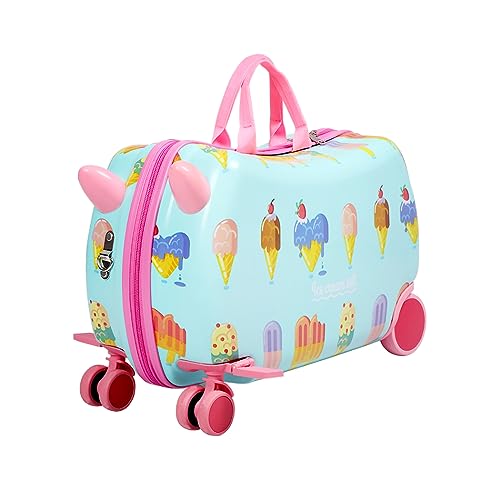 Bopeep Kids Ride-On Suitcase Scooter Children 2-in-1 Travel Rolling Luggage Organizer Carry-On Bag Trolley, w/Spinner Wheels, Shoulder Strap, for Kids Toddlers, Waterproof Shell(Ice Cream Pattern)