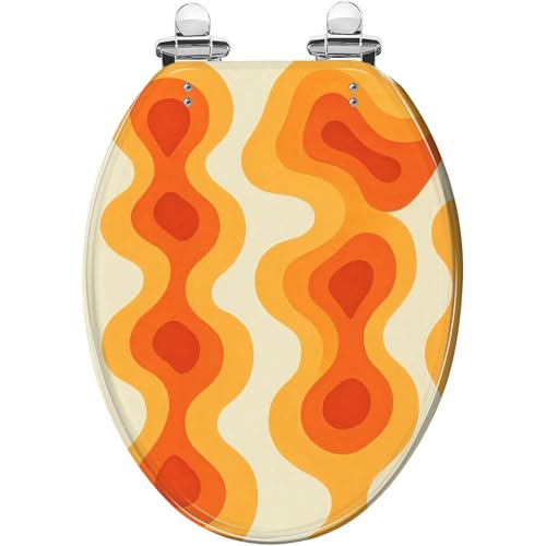 Elongated Toilet Seat Graphic wavy 70 pattern yellow orange beige Resin Toilet Seat Quietly Close Quick Release Hinges with Cover Bumpers Decorative Easy to Install Clean
