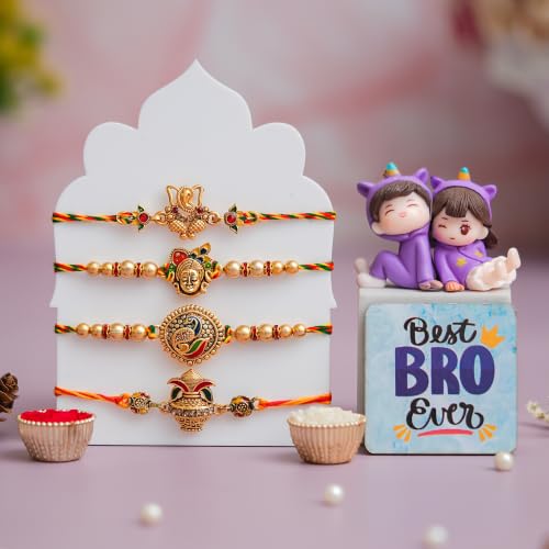 Image of eCraftIndia Set of 4 Designer Rakhi with Cute Brother-Sister Showpiece & Best Bro Ever Fridge Magnet | Premium Raksha Bandhan Gift Set for Brother | Roli Chawal Included