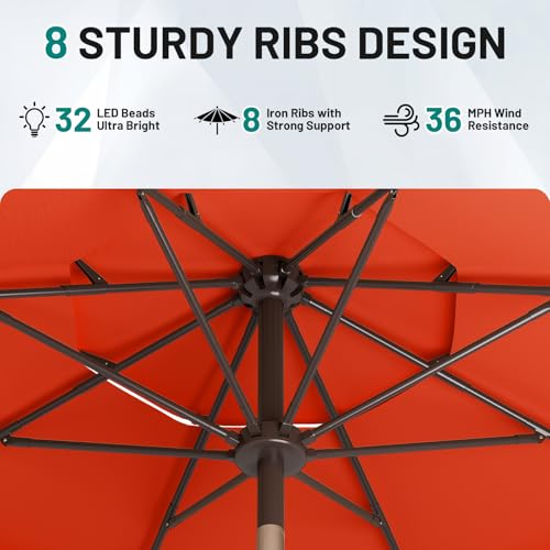 Image of AreShark 9ft 3 Tiers Patio Umbrella with Solar Lights, Outdoor Umbrella w / 32 LED Lights&8 Sturdy Ribs, Table Umbrella for Deck, Backyard, Pool (Orange)