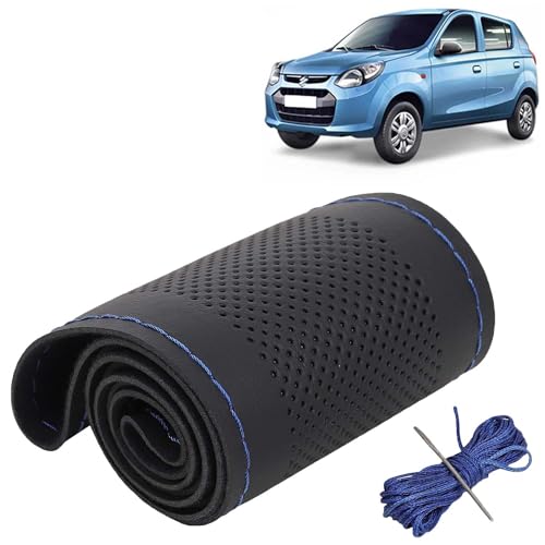 Image of KINGSWAY PU Leatherite Car Steering Cover Sewable Compatible with Maruti Suzuki Alto (Year 2012 Onwards), Black Color with Blue Thread, Pack of 1 with Sewing Needle and Thread