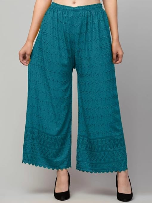 Image of Women's Palazzo Pants Rayon Trousers Chikankari Embroidered Lace Trim Wide Leg Straight Fit Flared Palazzo for Girls & Women