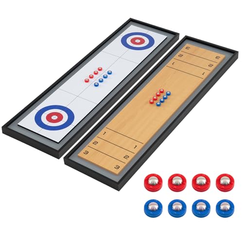DREAMADE Shuffleboard & Curling 2-in-1-Brettspiele multifunktionaler Spieltisch mit 4 roten & 4 blauen Scheiben tragbar Kombispielset für Kinder und Familie