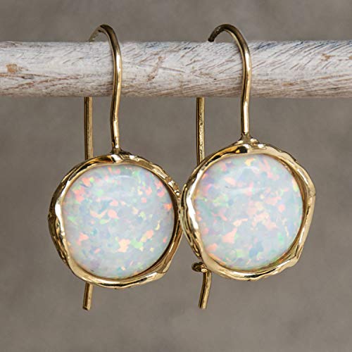 White Opal Solid Gold Earrings - 14k Gold Earrings For Women - Opal Stone Gold Drop Earrings, Libra October Birthstone Bridal Jewelry, 12mm Opal Gemstone, Unique Wedding Jewelry - Opal jewelry