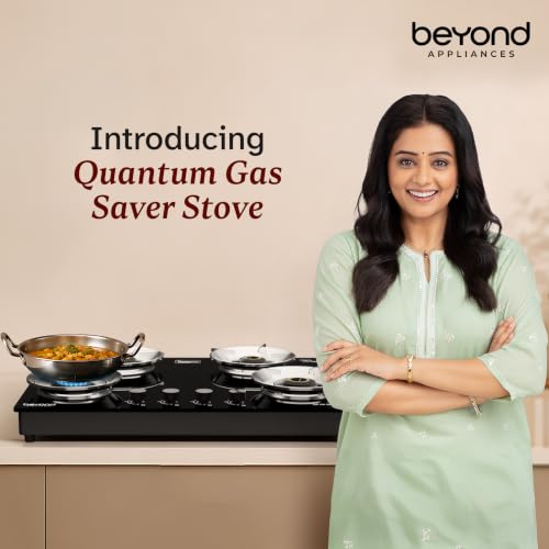 Image of Beyond Appliances Quantum 4 Burner | Gas Saver Stove| 10 Year Warranty I Auto Ignition | 77% Energy Efficient| Full Brass burners | Toughened Glass | LPG & PNG CompatibleI ISI Certified