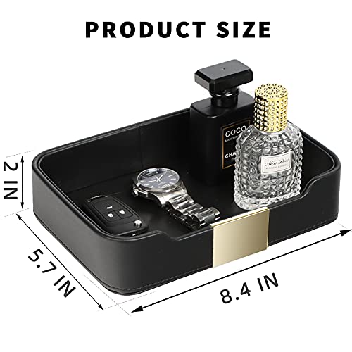 Image of SANZIE Luxury Leather Tray Organizer Valet Tray Key Tray for Entryway Table Desktop Storage Catchall Tray Decorative Tray for Jewelry Keys Wallet Phone Watch (Metal Gilded, Black)