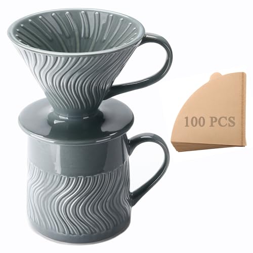 Polydremio Cafetière à Verser, Goutteur à Café en Céramique avec 100 Filtres en Papier Taille 2, Théière en Céramique, 450 ml, Gris