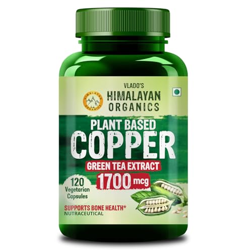 Image of Vlado's Himalayan Organics Plant Based Copper 1700mcg Supplement with Green Tea Extract - 120 Veg Capsules | Support Connective Tissues, Brain Health, Boost Immunity | For Men & Women
