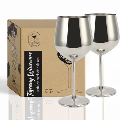 Tuscany Wineware Juego de 2 copas de vino de acero inoxidable, 500 ml, irrompibles, plateadas, para interiores, exteriores, camping, piscina, vasos duraderos, regalos de vino de primera calidad