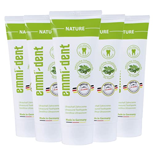 emmi-dent Dentifricio a Ultrasuoni "Nature" I Ideale per Denti e Gengive Sensibili I Privo di Fluoro, Microplastiche e Nanomateriali I Vegano & Senza Glutine I 5x 75 ml