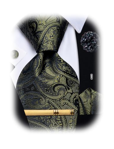 Image of YourTies Silk Paisley Floral Tie and Pocket Square Cufflinks with Lapel Pin Sets for Men 5PC Wedding Party
