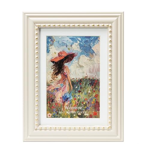 Wontree 5x7 Picture Frame in Beige with Classic Gold Beaded Border, Solid Wood with Real Glass, Display 5x7 Photos Matted to 4x6, Vertical and Horizontal Desk Tabletop or Wall Hanging