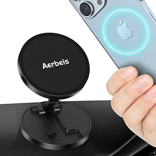 Aerbeis Phone Mount Holder for Car - 2023 New Alloy Folding Car Phone Mount Metal Dual Magnetic Phone Holder Stand fit for Sony Samsung HTC LG MagSafe iPhone 15 14 13 12 Max Plus