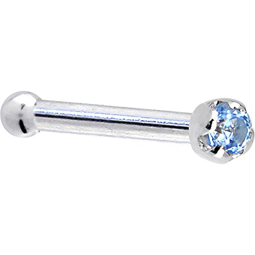 Solid 14k White Gold 1.5mm Genuine Blue Topaz Nose Stud Bone 20 Gauge 1 4