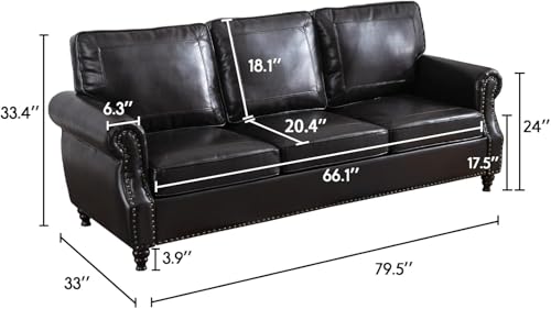 Image of Kingfun Mid-Century Modern Couch, Faux Leather Sofa, 3 Seater Couch for Living Room with Rolled arms & Nailhead Trim, Black