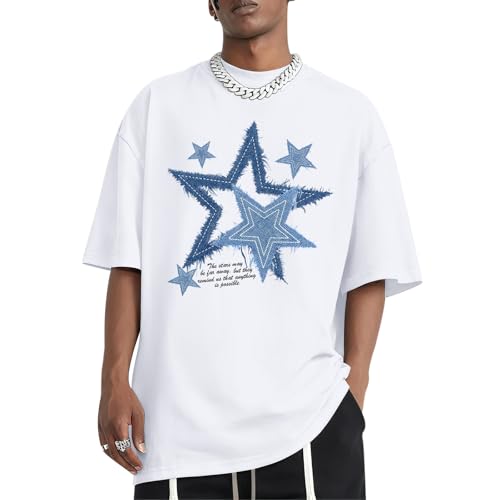 Migxsaf Men Star Graphic Shirt Y2k Oversized Shirts Streetwear Vintage Tees Grunge Inspirational Motivational Casual Tshirts(White,M)