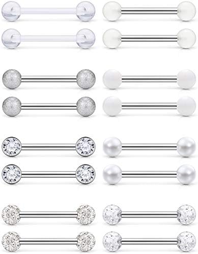 Prjndjw 14G Nipple Rings Surgical Steel Tongue Rings Plastic Nipple Piercing Barbell Nipplering Diamond CZ Body Piercing Jewelry Retainer for Women Men 14mm Length Size Silver-tone 8Pairs