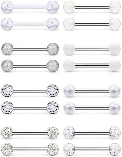 Prjndjw 8-12Pairs 14G 16G Nipple Rings Surgical Steel Tongue Rings Barbell Nipplering Diamond CZ Body Piercing Jewelry Retainer for Women Men 14mm Length Size