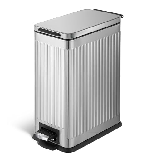 Image of Home Zone Living 3 Gallon Small Trash Can with a Step Pedal Lid | Stainless Steel with Slim Fit Design, Soft-Close Lid for Offices, Bathrooms, Bedrooms and Dorms, Reeded Style Finish, Silver