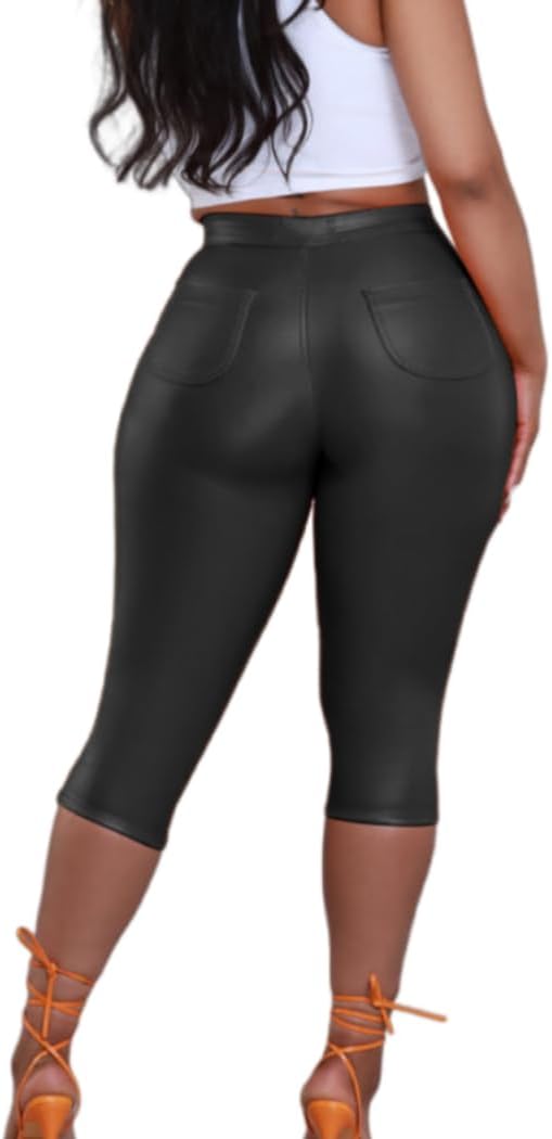 Zebaexf Leather Capri Pants for Women Casual Stretch Black High Waisted Crop Leggings with Pockets Faux PU Leather Pants - Image 4