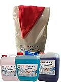 Primax Special 3 bestehend aus 5 Ltr. Blackwash + 5 Ltr. Waschgel + 5 Ltr. Weichspüler + 10 Kg Waschpulver + Microfasertuch + Ausgießer